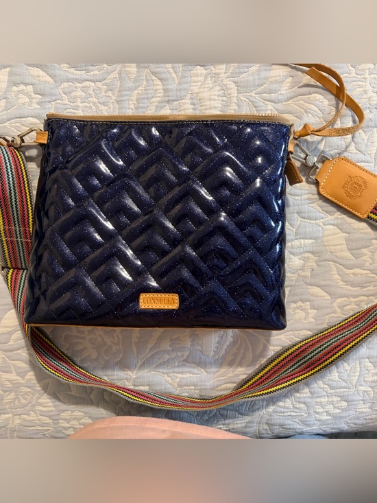 Consuela Handbags - Sparkle Quilted Navy Crossbody with Striped Strap